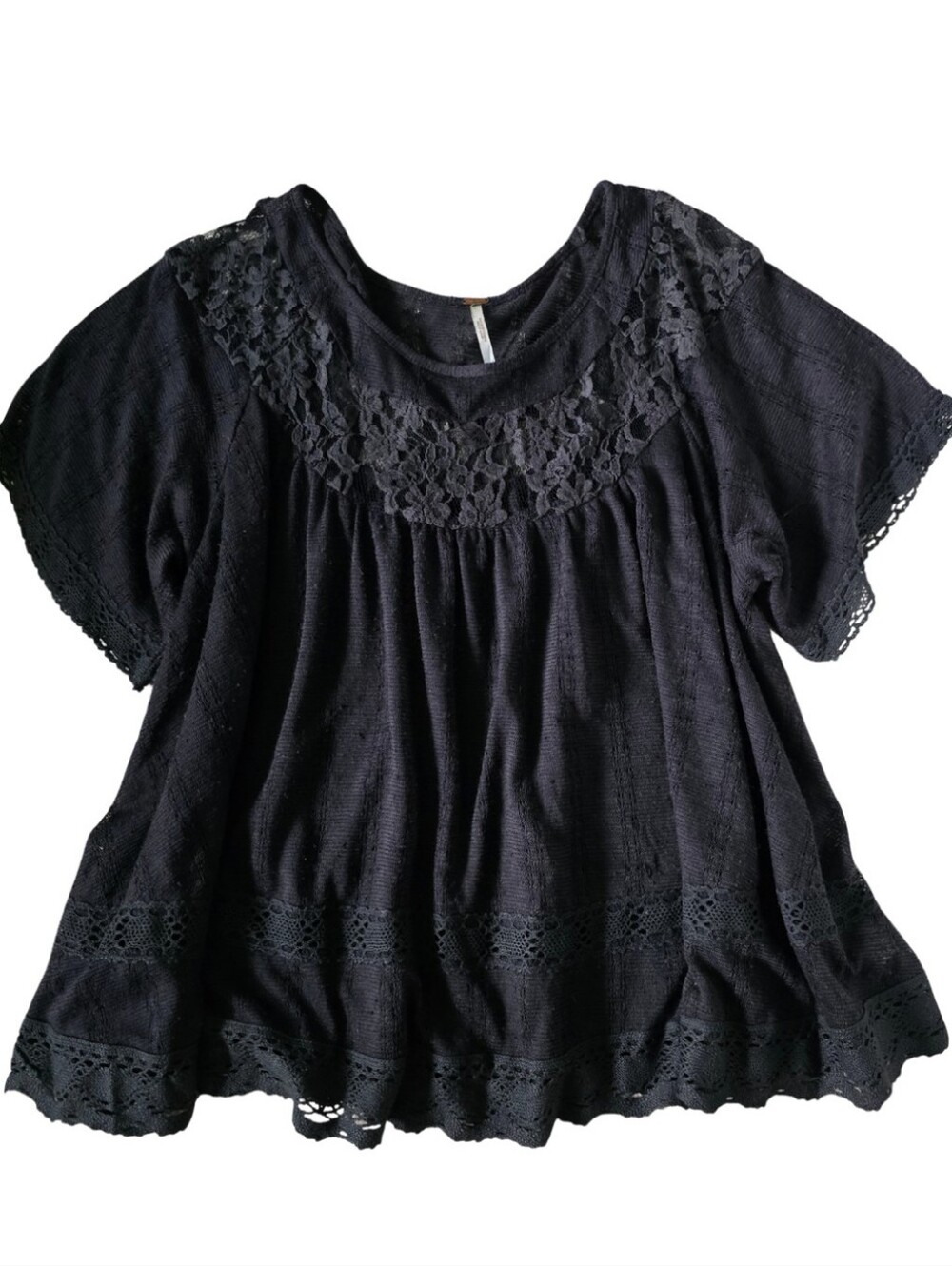 Free People Black Lace Crochet Boho Babydoll Top Small Flowy Peasant Blouse - Picture 2 of 5